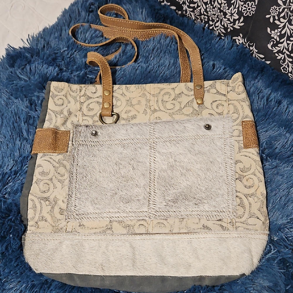 Myra Bag Elegant Cream and Gray Tote with Faux Fur Pockets